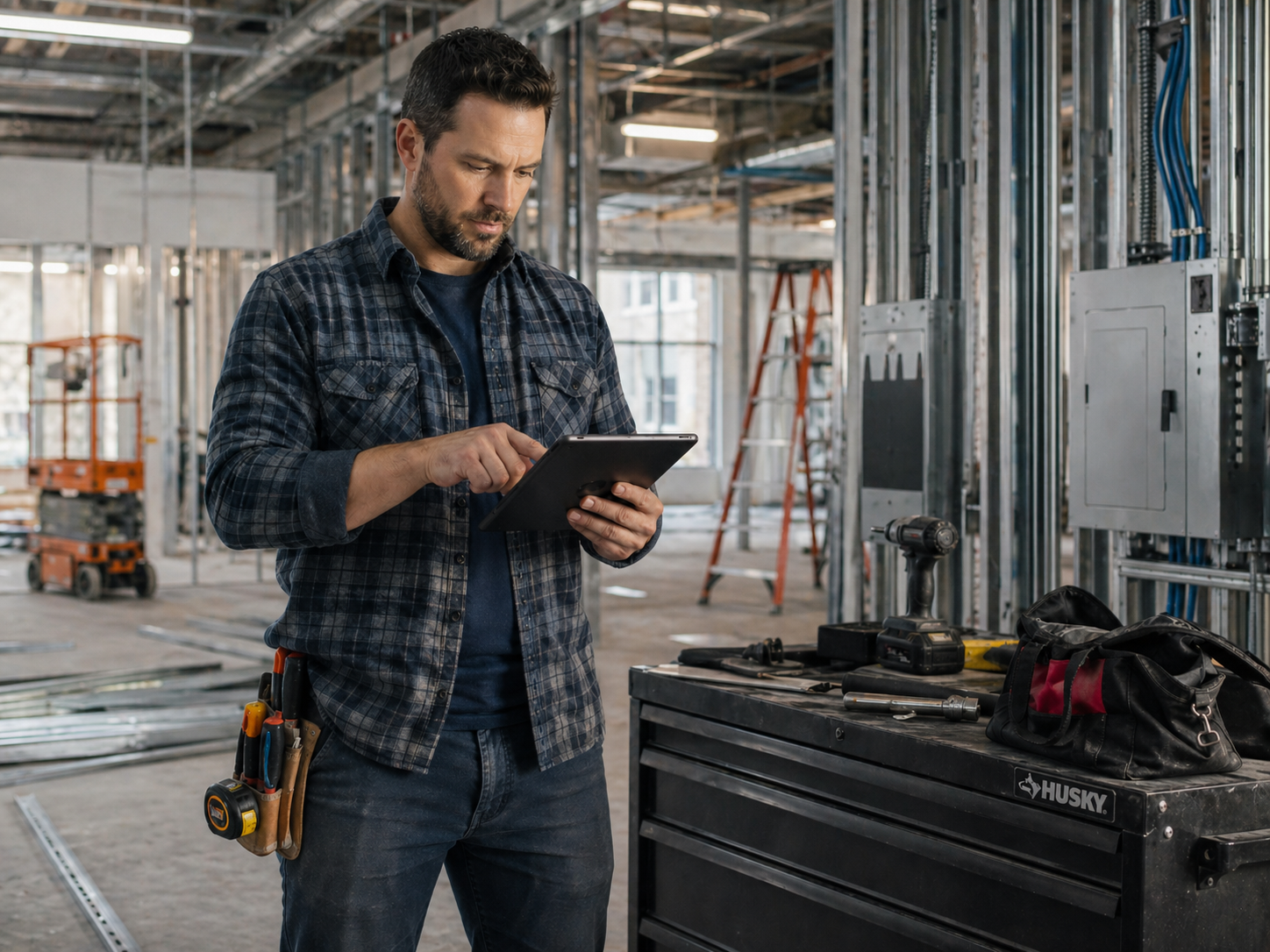 Contractor on job site using custom forms on an iPad